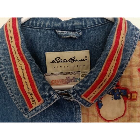 Eddie Bauer Cowgirl Rosie Denim Vest XXL Holiday Snowman Applique Western VTG - Picture 2 of 5